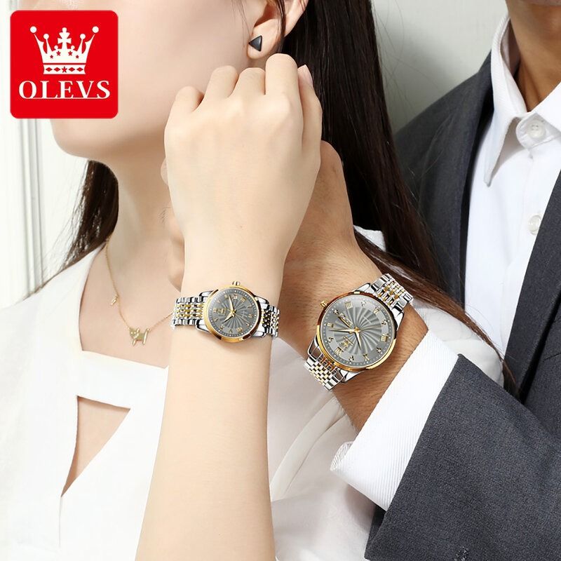 OLEVS นาฬิกาข้อมือ Jam Tangan pasangan อัตโนมัติ, หรูหราสแตนเลสสตีลกันน้ำชุดของขวัญนาฬิกาข้อมือคู่รัก