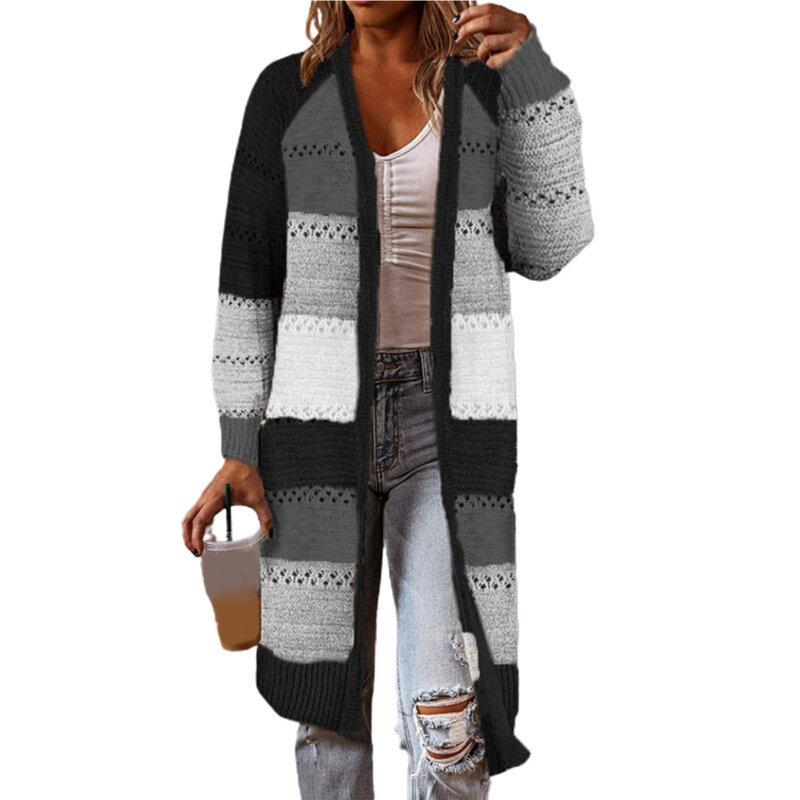 Женский кардиган, удобный стильный полосатый лоскутный свитер с длинным рукавом, повседневный длинный кардиган на осень и зиму, топы