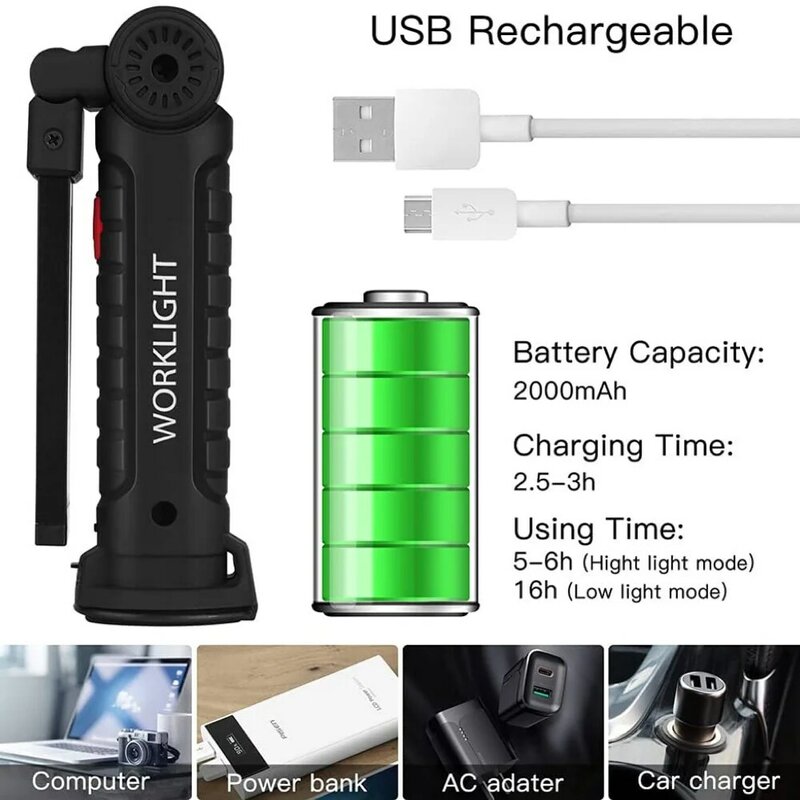 المحمولة COB LED مصباح يدوي USB قابلة للشحن ضوء العمل المغناطيسي فانوس قلادة الخفيفة مع المدمج في بطارية التخييم مصباح يدوي