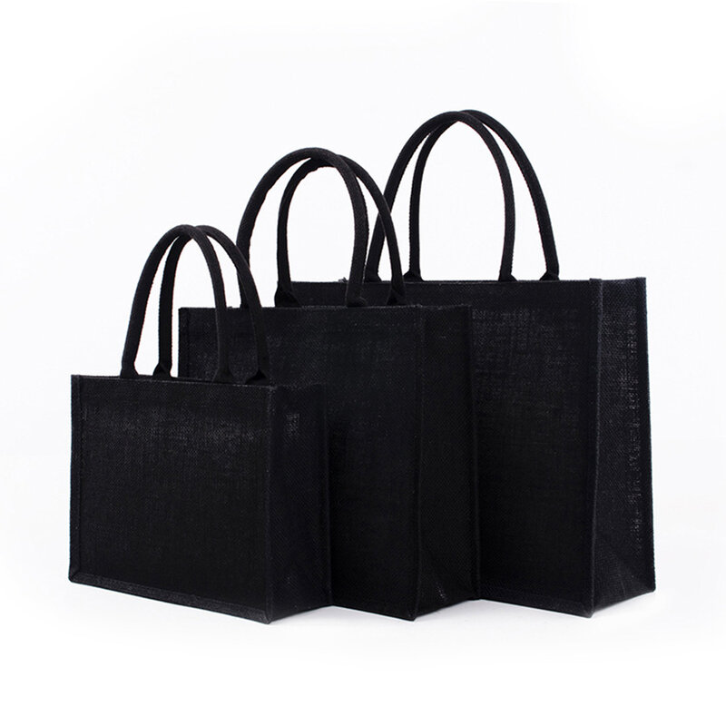 Borsa Tote in tela nera con manico borse ecologiche in lino pacchetti per pendolari portatili di grande capacità borse per la spesa versatili