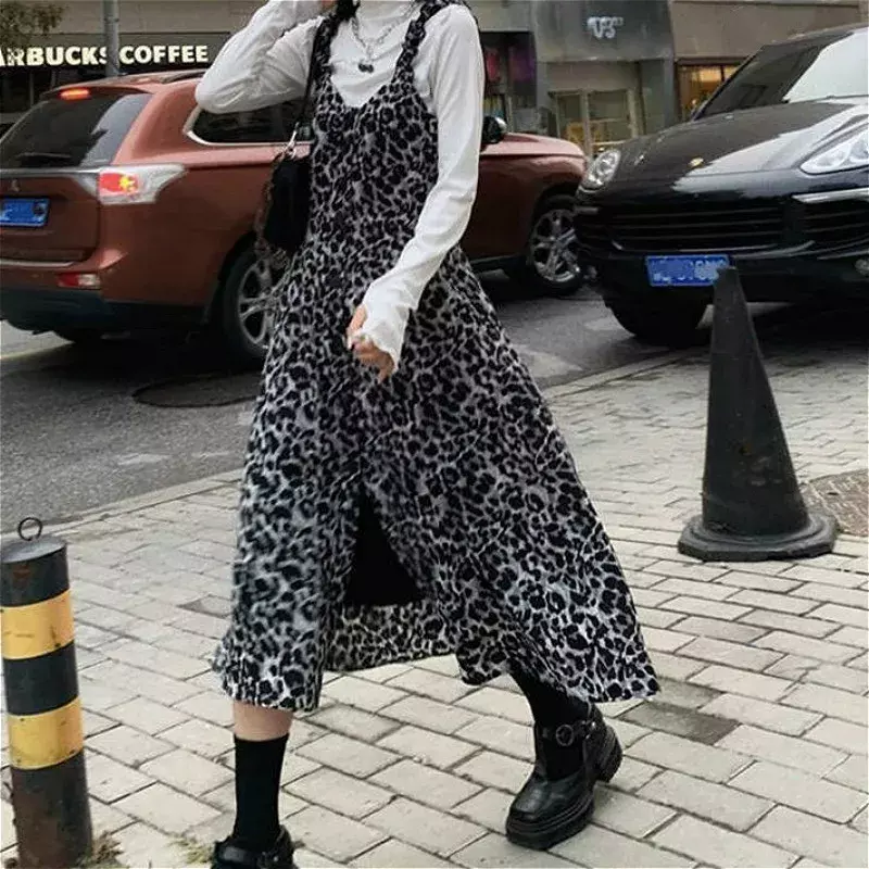 Vestido solto com estampa leopardo feminino, colarinho em linha A, casual, rua alta, moda coreana, popular, combina tudo, primavera, retrô, novo