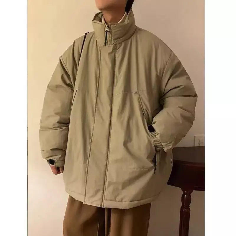 남성용 일본 시티 보이 스탠드 칼라 면 코트, 두껍고 따뜻한 루즈 면 코트, 카키 심플 트렌디 브랜드 재킷, y2k 탑, 겨울
