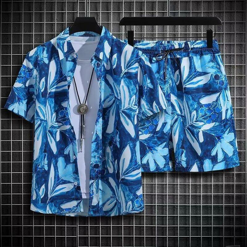 男性用ハワイアンスタイルの衣装セット、パターンシャツ、伸縮性のある引きひもショーツ、ビーチウェア、2個セット
