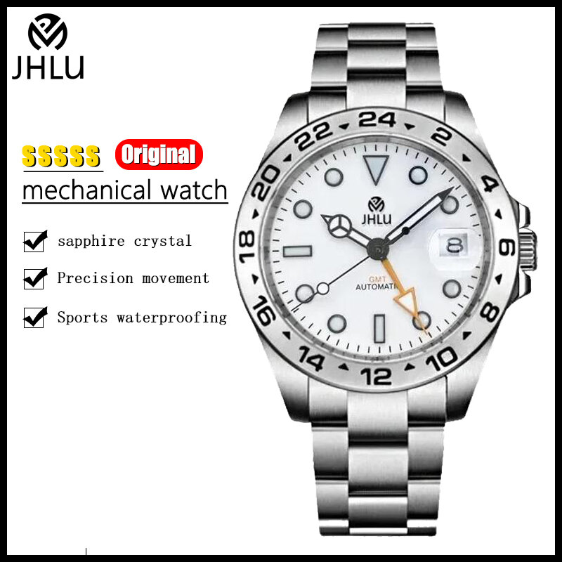 Jhlu นาฬิกา GMT สำหรับผู้ชายดีไซน์แบบ Pagani นาฬิกากลไกอัตโนมัติ42มม. เหล็กแซฟไฟร์สแตนเลสนาฬิกากันน้ำ reloj hombre