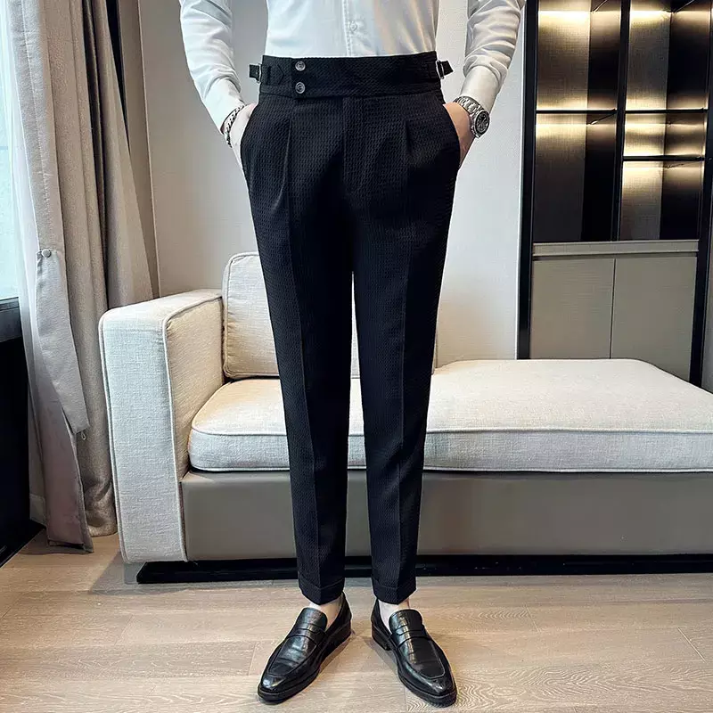 Брюки мужские с высокой талией, повседневные деловые штаны с вафельным принтом, приталенные, для осени и зимы, 36