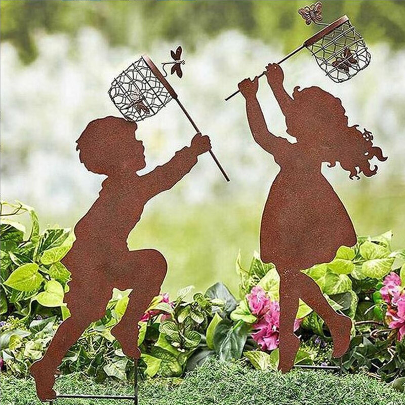 Металлический силуэт для мальчика и девочки, 2 шт., металлический садовый декор, уличный фермерский декор, металлические силуэты арт-деко для мальчиков и девочек, гонящийся за насекомыми