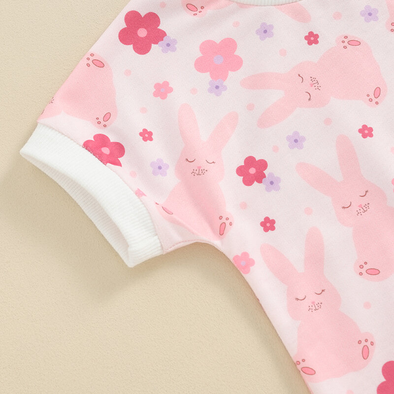 Infant Baby Girl Easter Jumpsuit Flower& Bunny Print Round Neck Short Sleeve Romper Summer Sweet Casual Clothes