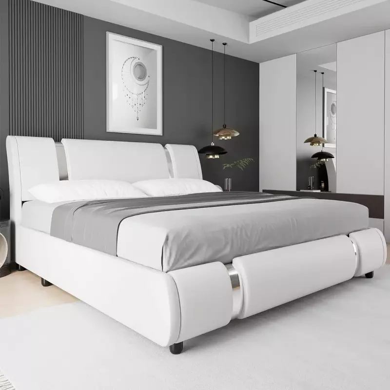 Cadre de lit en similicuir avec décor en métal, planche de sauna incurvée réglable