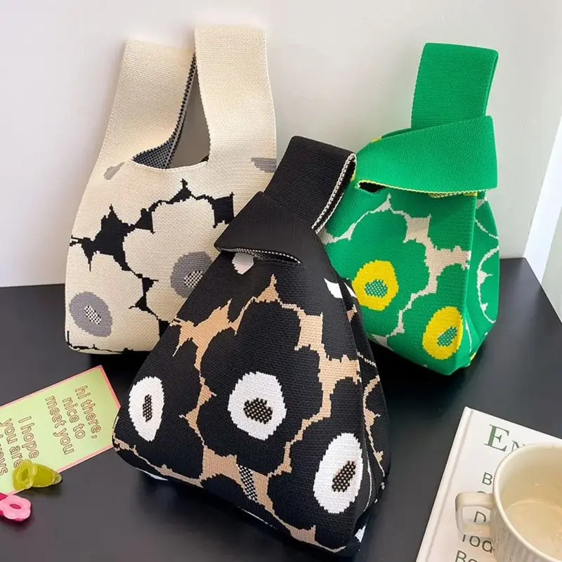 DE10-Bolso de mano de punto de flores para mujer, hecho a mano bolso de hombro, bolso de ocio para mujer, bolsas de compras reutilizables para estudiantes japoneses