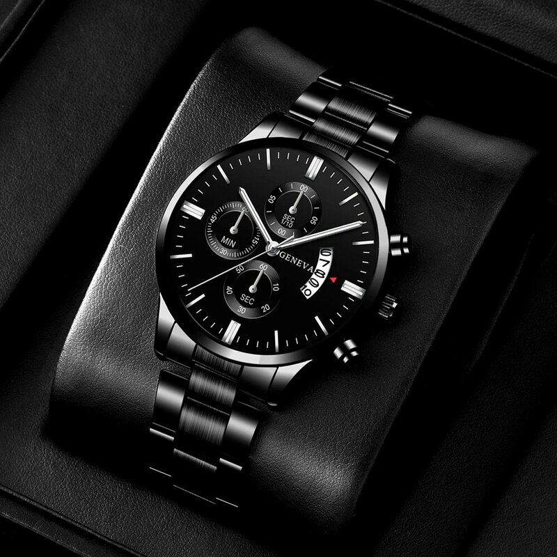 Jam tangan pria, 3 buah Set Fashion pria bisnis kalender jam tangan kasual sayap tali kalung Stainless Steel kuarsa jam tangan Reloj Hombre