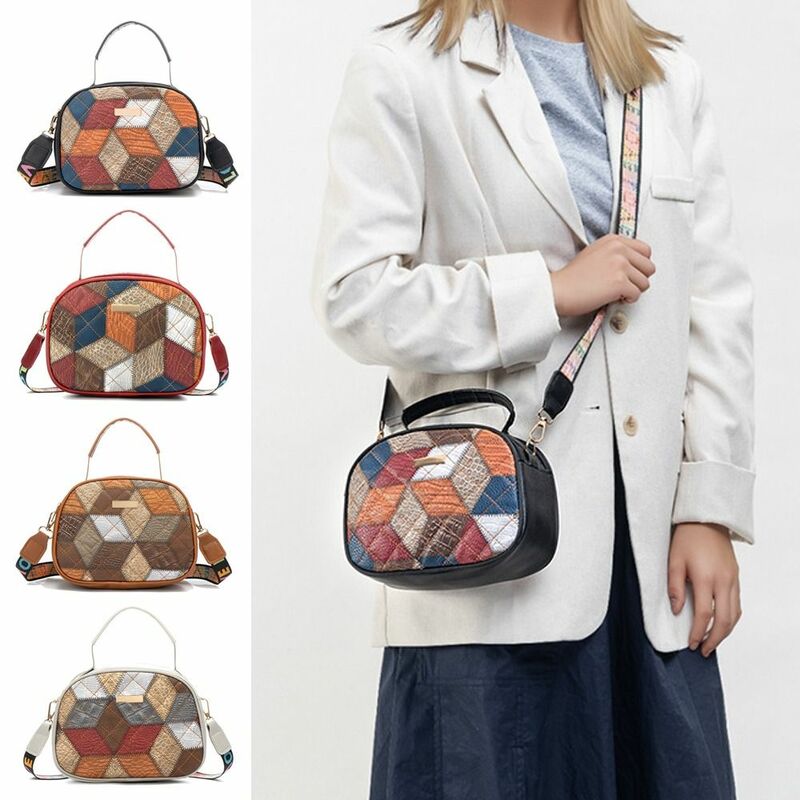 Colour Blocking Leather Handbag Women Girls Ethnic Style Luxury Design Single Shoulder Bag Vintage Handbag