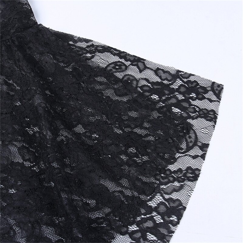Черные кружевные готические топы для девочек, сексуальный прозрачный укороченный топ в стиле панк с расклешенными рукавами
