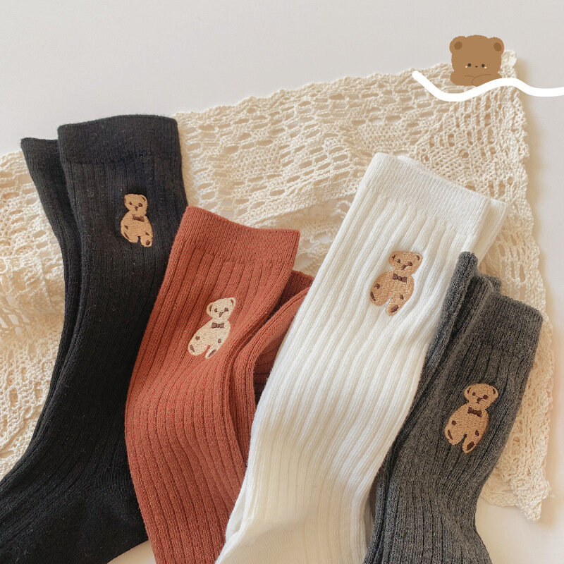 Meias de algodão longas até o joelho para crianças, bordado bonito de urso, meias para meninos e meninas, outono e inverno, quente, 1 a 9 anos, novo, 2024