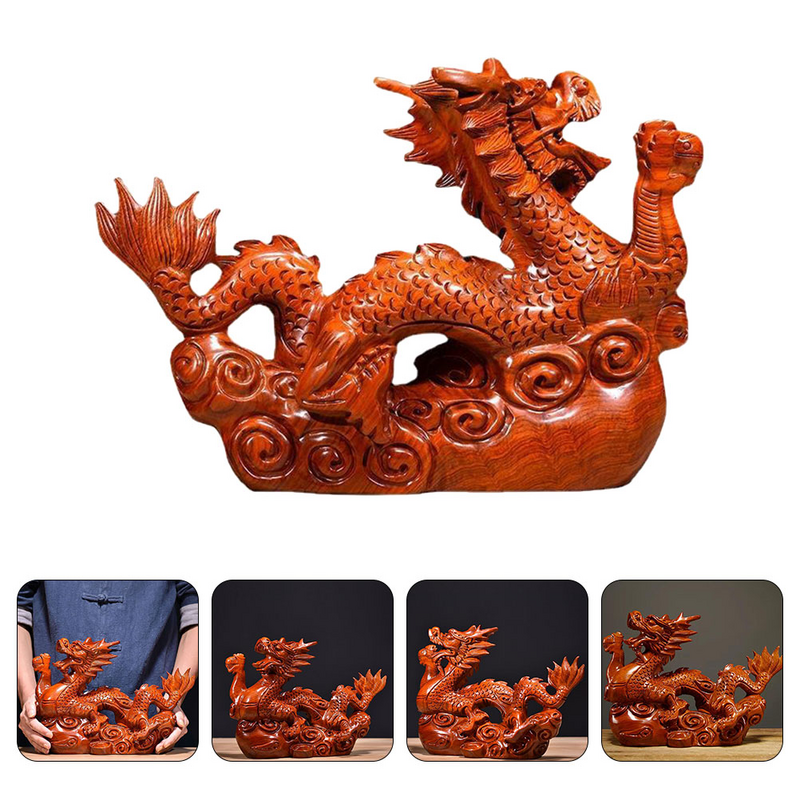 Adorno de estatua de dragón del zodiaco, artesanía de madera, escultura de dragón, decoración de estante de mesa