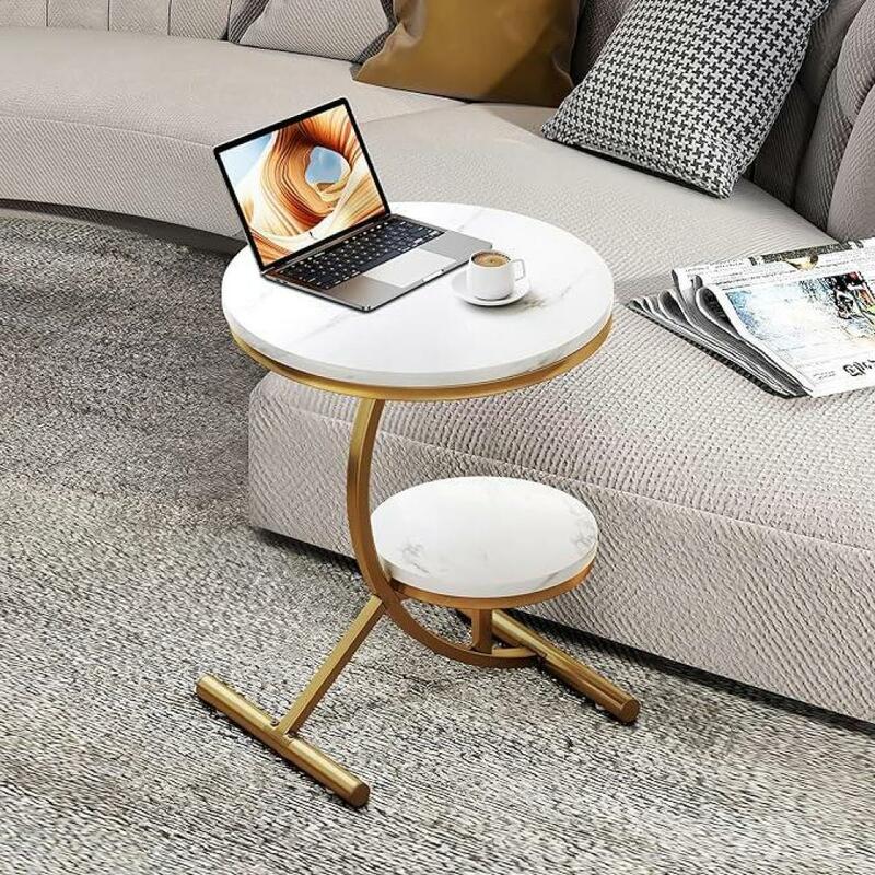 A! Round Side Table, Gold, Small Table, Marble Style, Laptop Table, Living Room Table for Living Room, Bedroom, Bedside Table