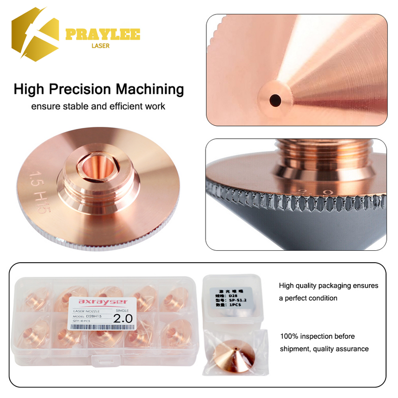 Praylee-Raytools Bicos Laser para Máquina de Corte, Simples e Chrome, Dupla Camada, Diâmetro 32mm, M14, Calibre 0.8-4.5mm