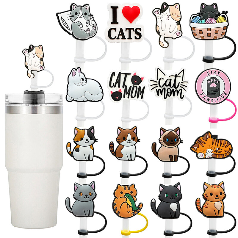 Cute Cat Series Silicone Straw Cap Capa, Bebida Straw Plug, reutilizáveis, à prova de respingos, Beber Cup Acessórios, 10mm, 1-8Pcs