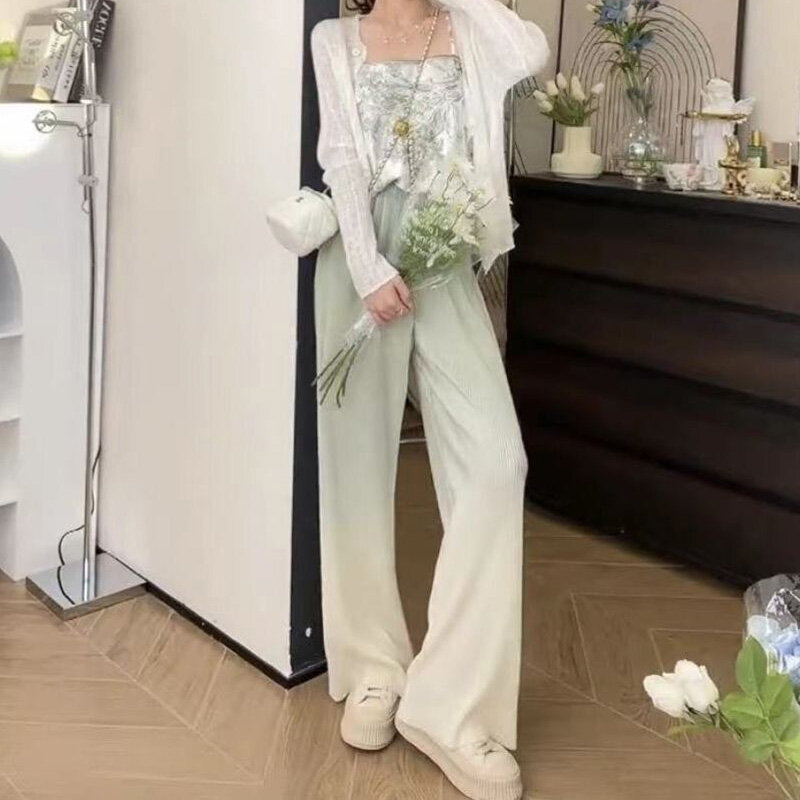 2023 Nova Moda Verão Hong Kong Estilo Gradiente Cor Plissada Casual Solta Versátil Cintura Alta Gota Calças de Perna Larga das Mulheres