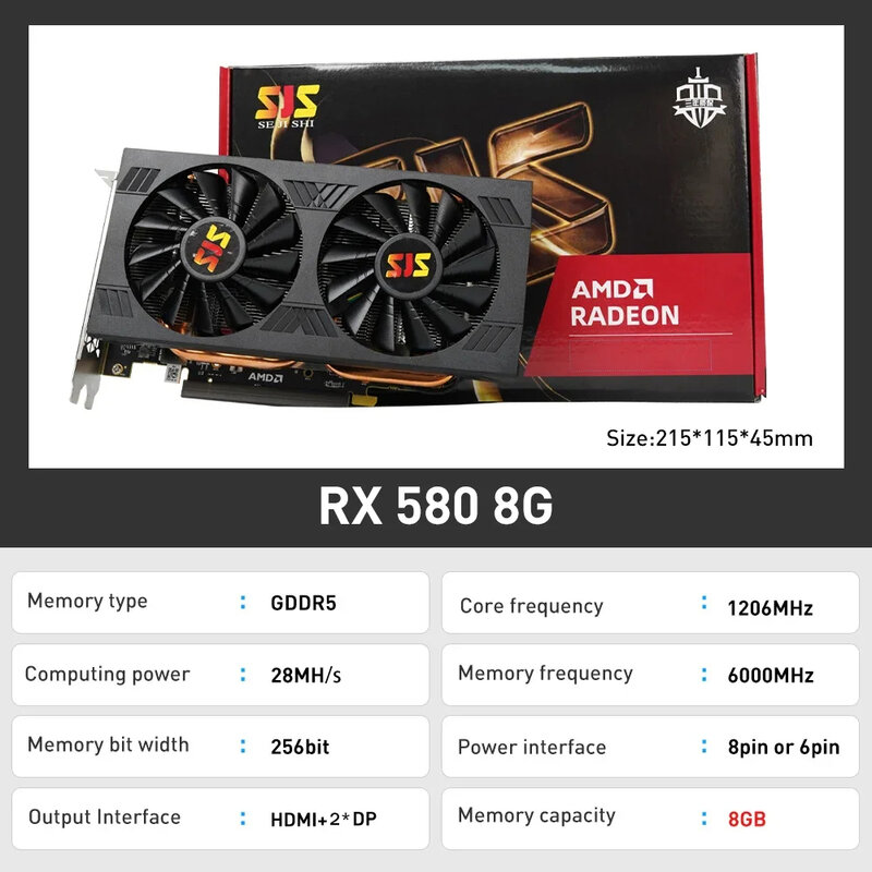 بطاقة الفيديو SJS RX 580 8G 256Bit 2048SP GDDR5 AMD GPU بطاقات الرسومات Gamer RX580 Radeon 8GB بطاقة الألعاب التعدين بلاسا دي فيديو