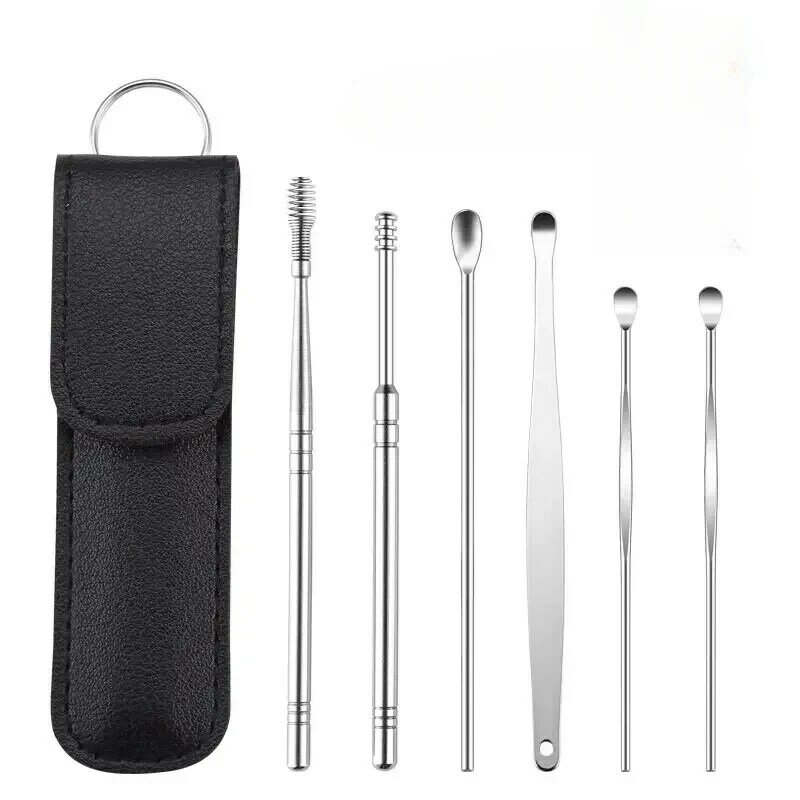 6Pcs/set Stainless Steel Spiral Ear Pick Spoon Ear Wax Removal Cleaner Ear Tool Multi-Function Portable with Storage Holster