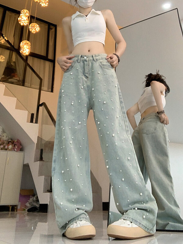 American Retro Pearl Jeans For Women New Light Blue Floor Length Pants Leisure Loose High Waisted Straight Wide Leg Trousers