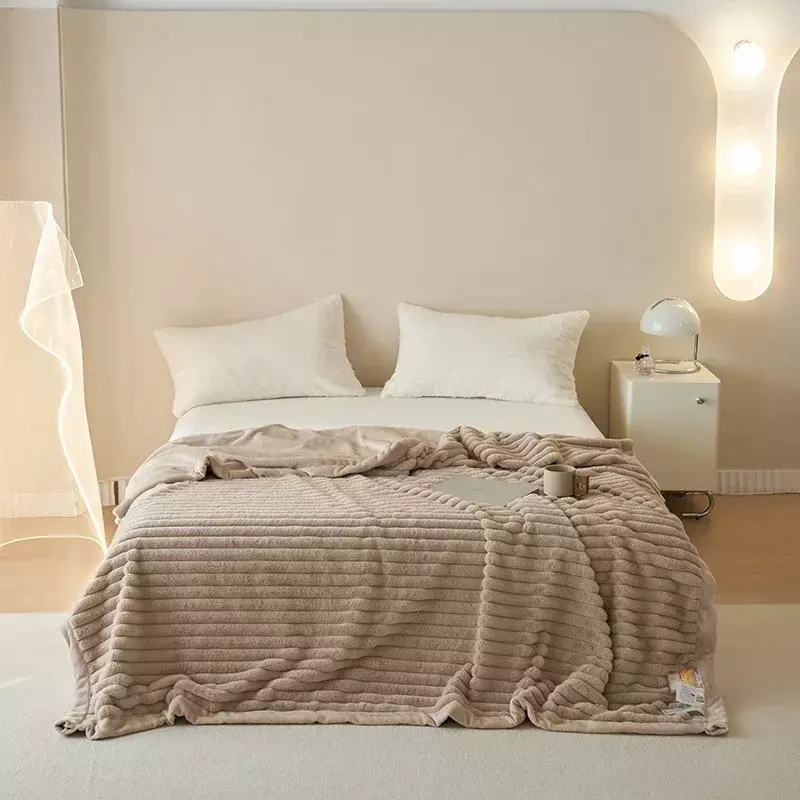Thickened faux fur winter blanket denser plush bed cover modern wide stripe Sofa Blankets fluffy bed linen Microfiber bedding