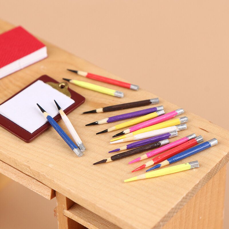 Mini bolígrafo en miniatura para casa de muñecas, 8 piezas, 1:12, lápiz de colores, suministros escolares, modelo de juego de simulación para niños, accesorios para casa de muñecas