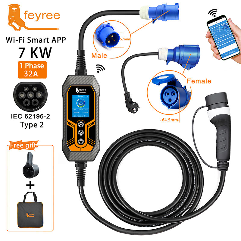 Feyree-carregador portátil EV para uso doméstico e externo, carregamento com temporização inteligente, corrente ajustável, Wi-Fi, controle de aplicativos, EVSE, tipo 2, 32A, 7kW