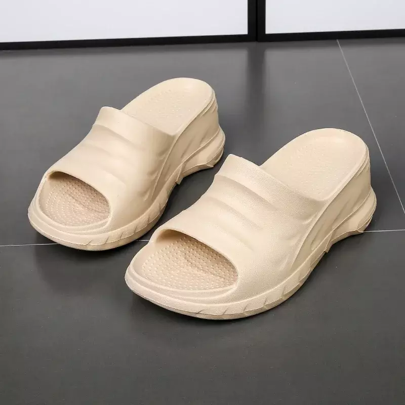 Zapatillas de baño antideslizantes para mujer, zapatos de tacón de cuña de Color sólido EVA, Punta abierta, fondo grueso suave, Verano