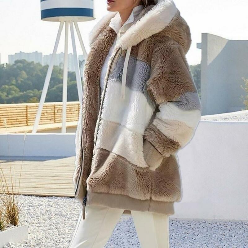 Chic Winter Coat Color Block Hooded Fluffy Elastic Cuff Colors Matching Winter Coat