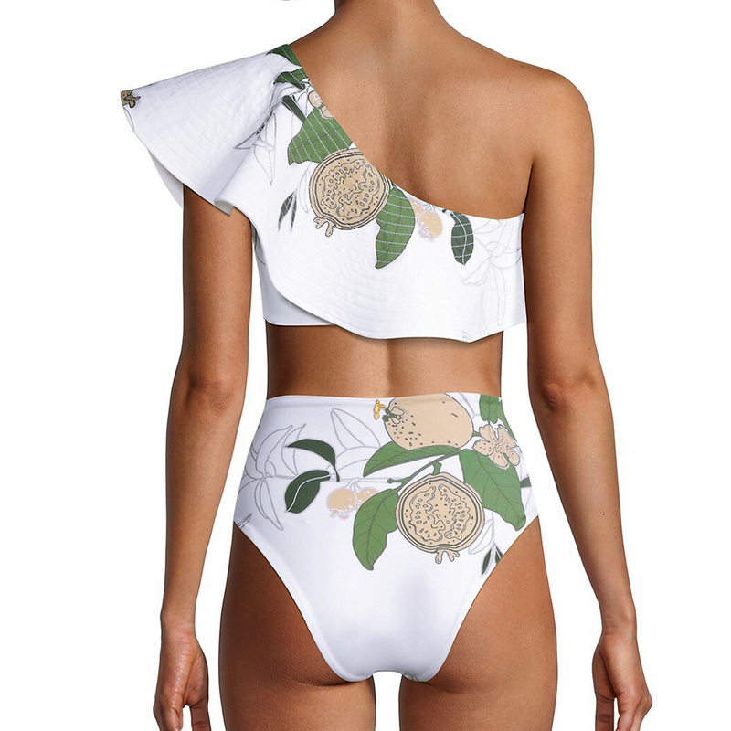 Printed One-shoulder Ruffled Bikini Set 2024 Trend Beach Outfits Women Swimwear Summer High Waist Swimming Costumes Sexy / New