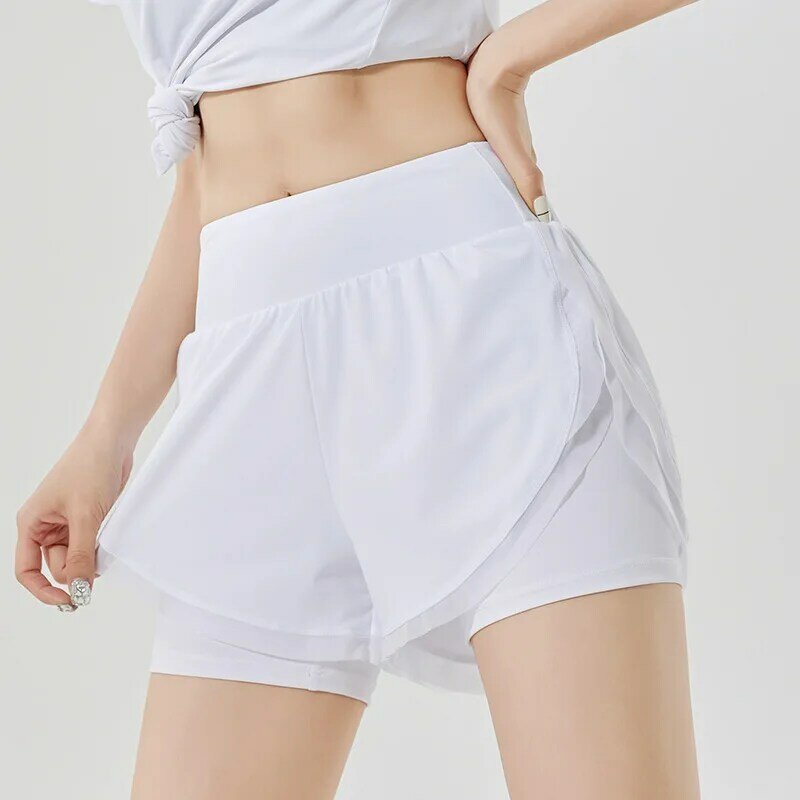 Shorts de corrida de secagem rápida para mulheres e meninas, bolso solto, calça fitness anti-leve, dois falsos, verão