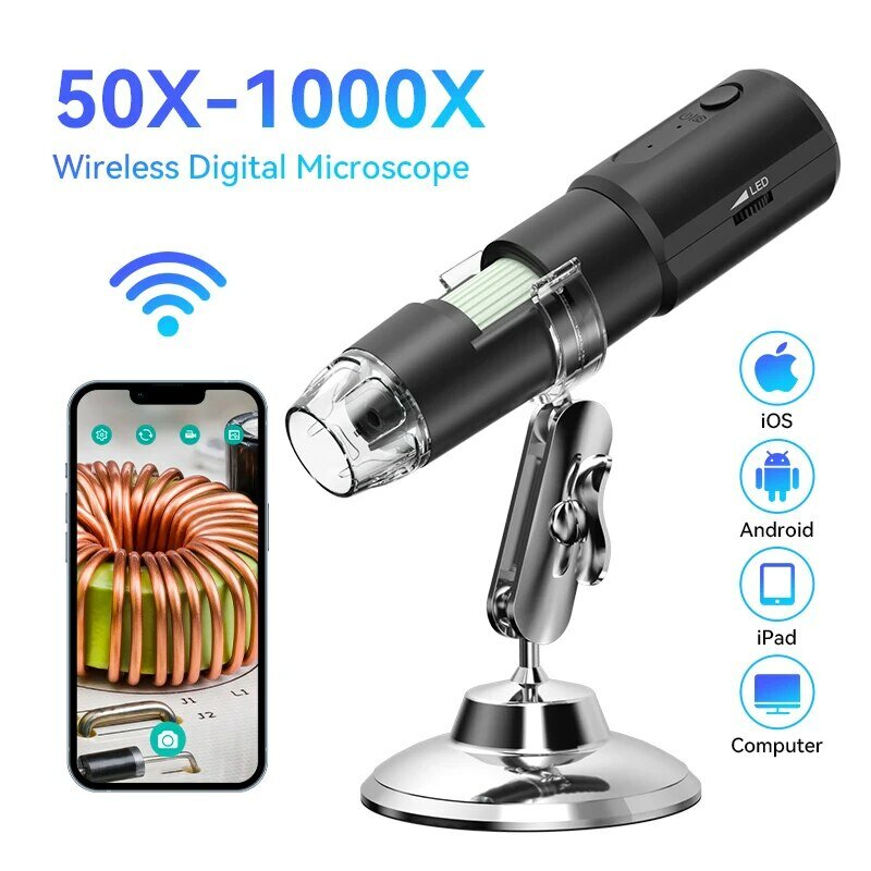Mikroskop Digital nirkabel, mikroskop Digital nirkabel 50X-1000X perbesaran dudukan fleksibel untuk Android IOS iPhone PC elektronik Stereo Wifi