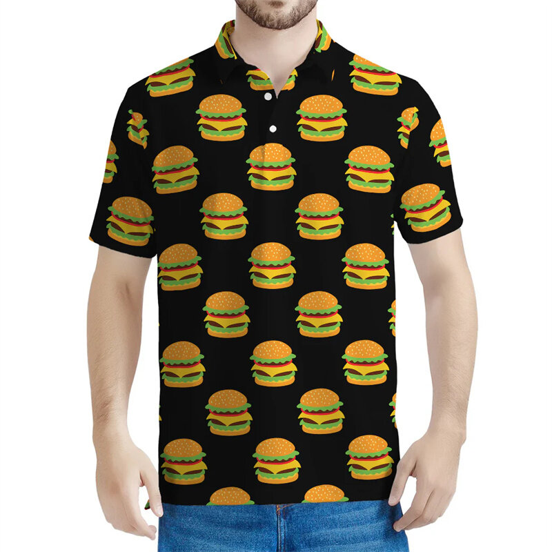 Polo con estampado 3D de hamburguesa para hombre y niño, camiseta de dibujos animados, ropa de calle informal, manga corta con solapa