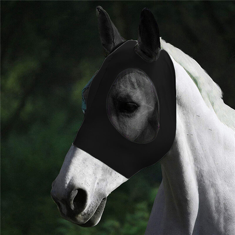 Máscara de malla antimoscas para caballos, mascarilla elástica con orejas cubiertas, nariz larga y orejas, 1 unidad