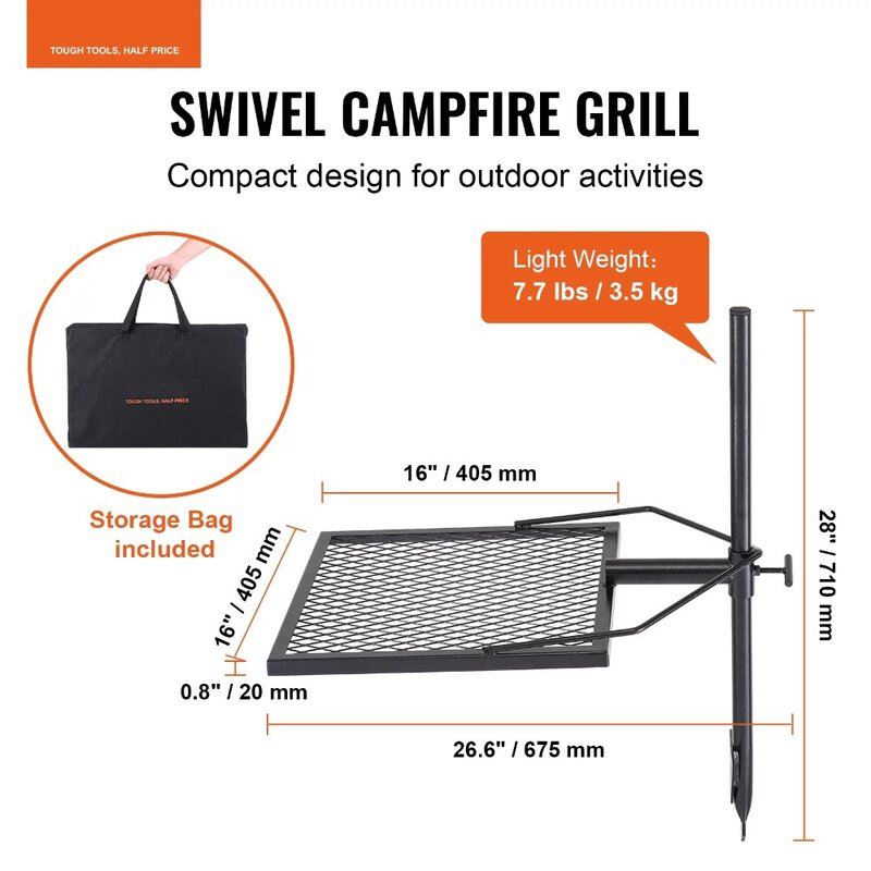 Ajustável Heavy Duty Steel Campfire Grill, grelha de cozinha giratória, fogo aberto, 16x16 em