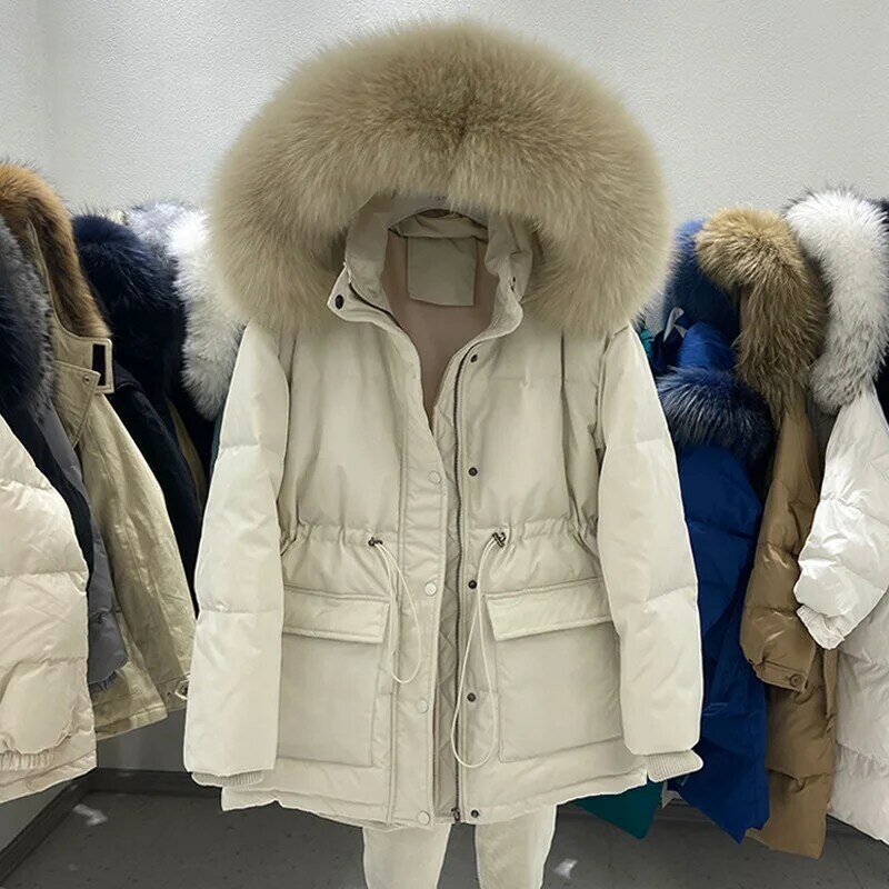 Jaqueta com capuz para mulheres, casaco feminino quente 90% branco, gola de pele de raposa grande, punho de inverno, novo, 2023