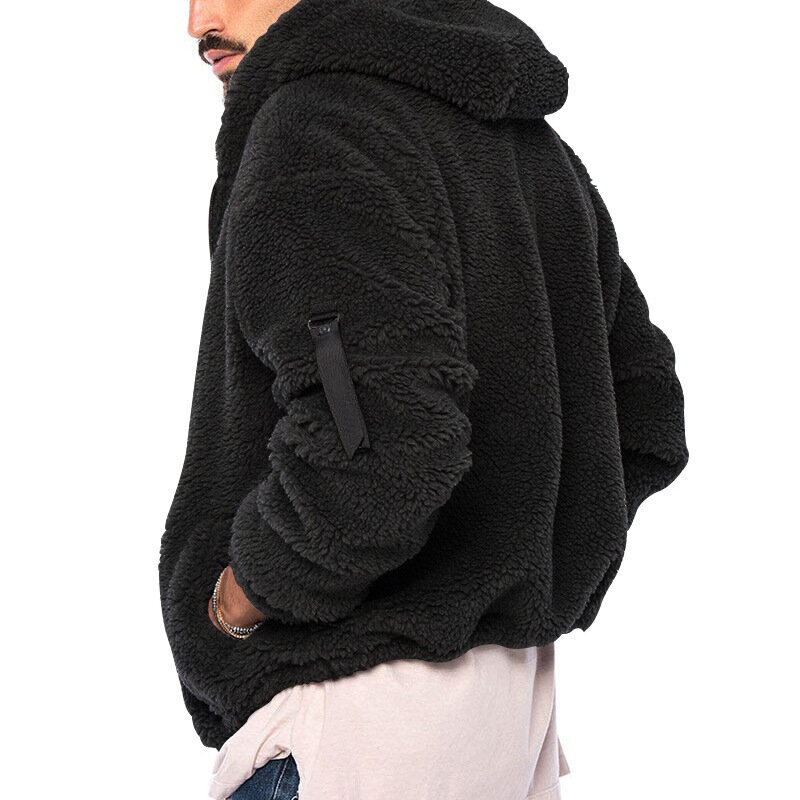 Jaqueta de pelúcia dupla face masculina, cardigã casual solto com capuz, manga comprida, casaco masculino quente, roupas da moda, outono e inverno, 2023