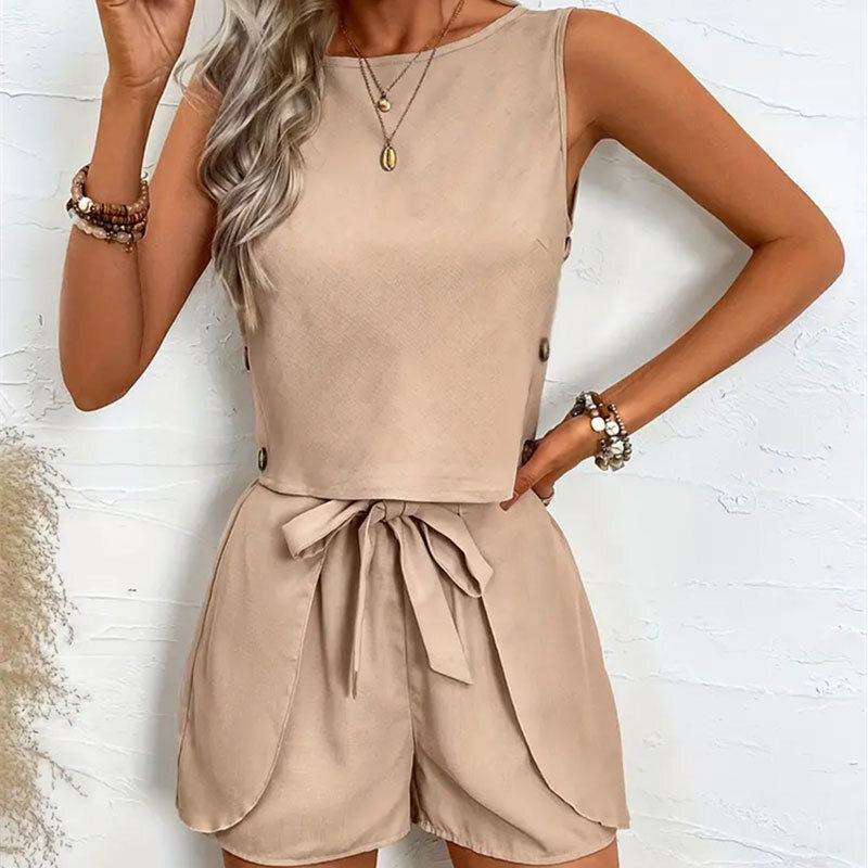 Women's Solid Color Button Decoration Strap Bow Sleeveless Shorts Set New Women's Casual Clothing Set Two-piece Set