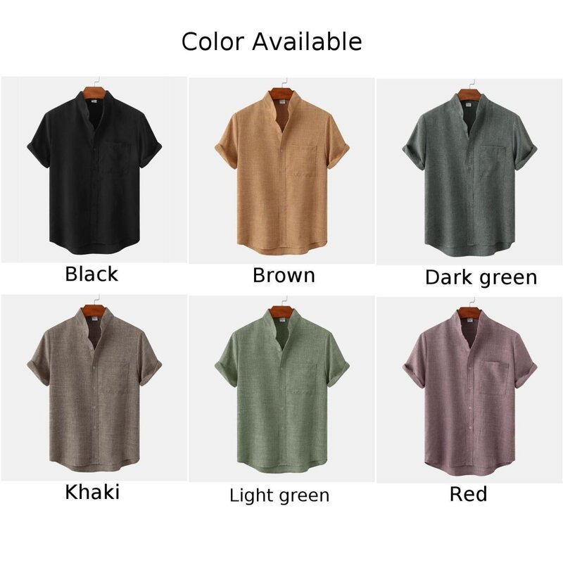 Camisa de manga corta para hombre, camisa Regular, ligera, elástica, Color sólido, cuello levantado, ropa de calle informal, algodón, Verano