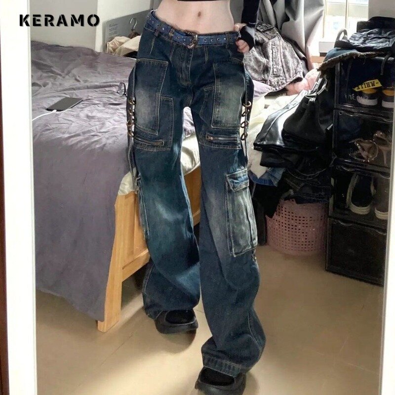 2024 letnie modne spodnie z paskiem damskie z Retro szerokie nogawkami luźne spodnie jeansowe Harajuku z wysokim stanem luźne jeansy
