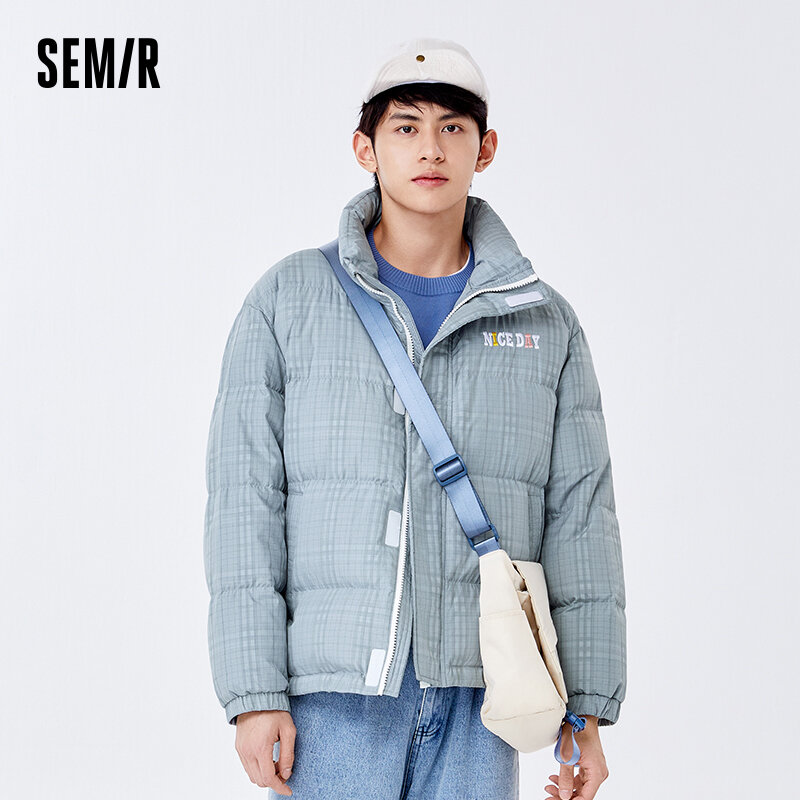 Semir Down Jacket Men Fashion Plaid Letter Embroidery 2023 Winter New Loose Stand-Up Collar Bread Jacket