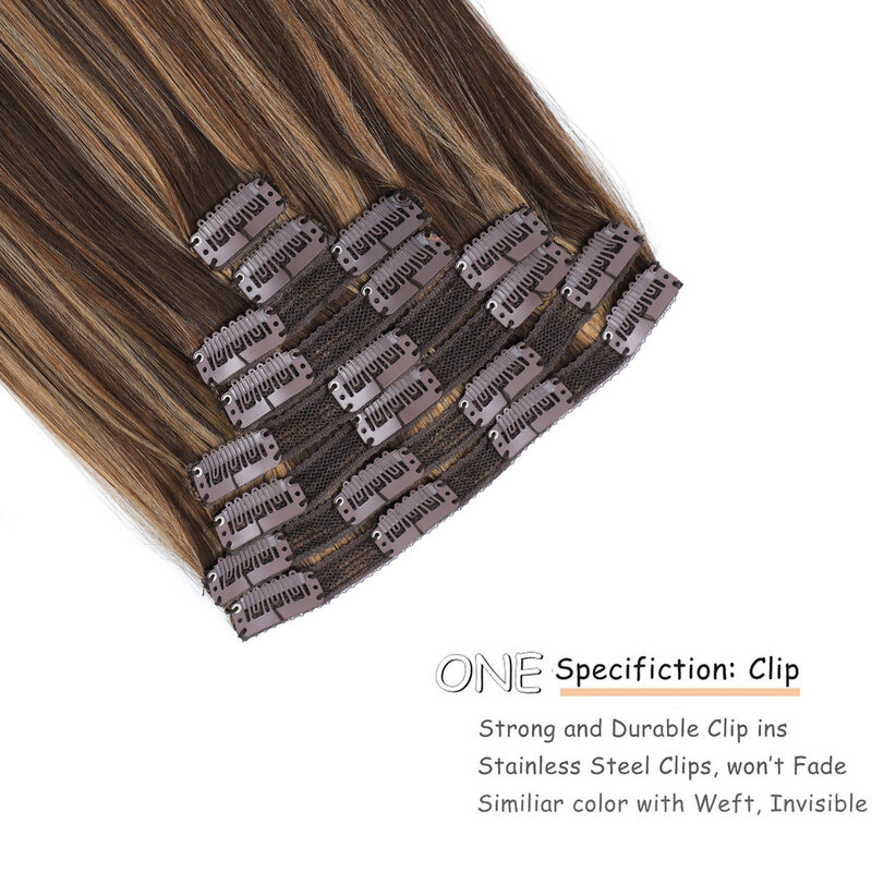 Straight Clip in Hair Extensions Human Hair Seamless Invisible Ombre Chocolate Brown to Caramel Blonde P4/27# Cynosure Hair 70g