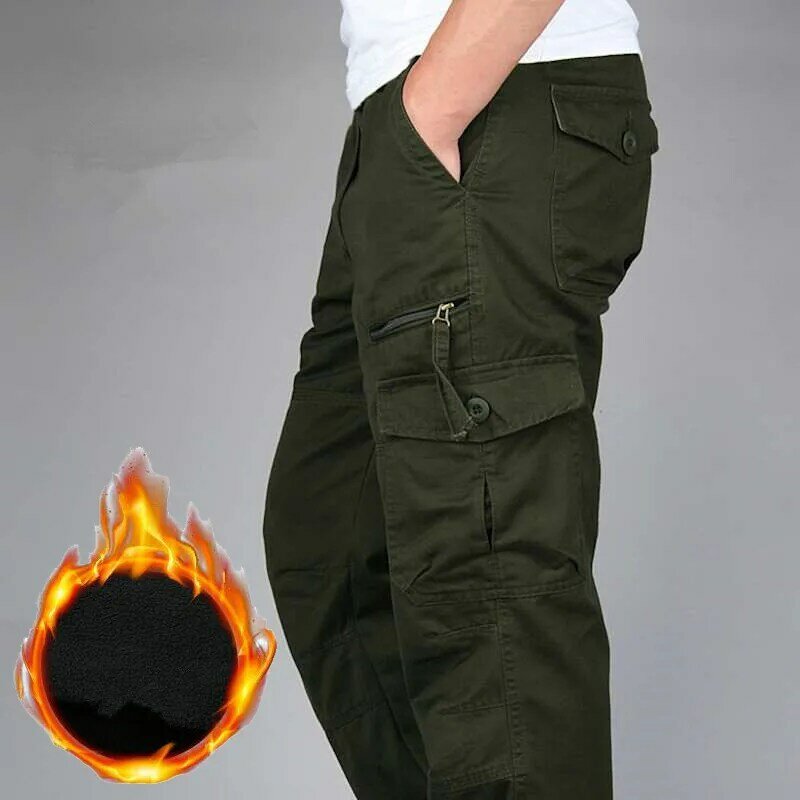 Pantaloni Casual in pile spesso invernale pantaloni Cargo larghi tattici in cotone da uomo pantaloni lunghi dritti termici caldi a doppio strato