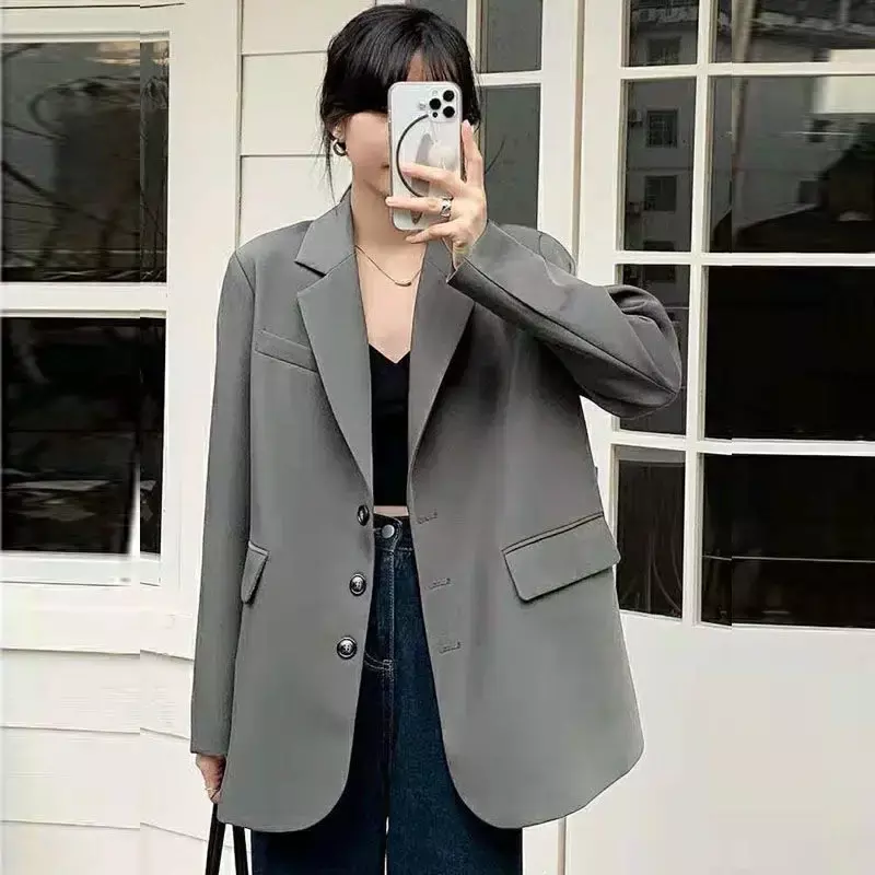 Lnsozkdg Grey Loose Casual Women's Suit Jacket 2024 New Spring Autumn Solid Oversize Single-breasted Small Suit Blazer Top Coats