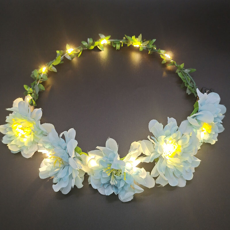 花の花輪,女性用,LEDライト,ガーランドの装飾,結婚式のパーティーの王冠,ヘアアクセサリー