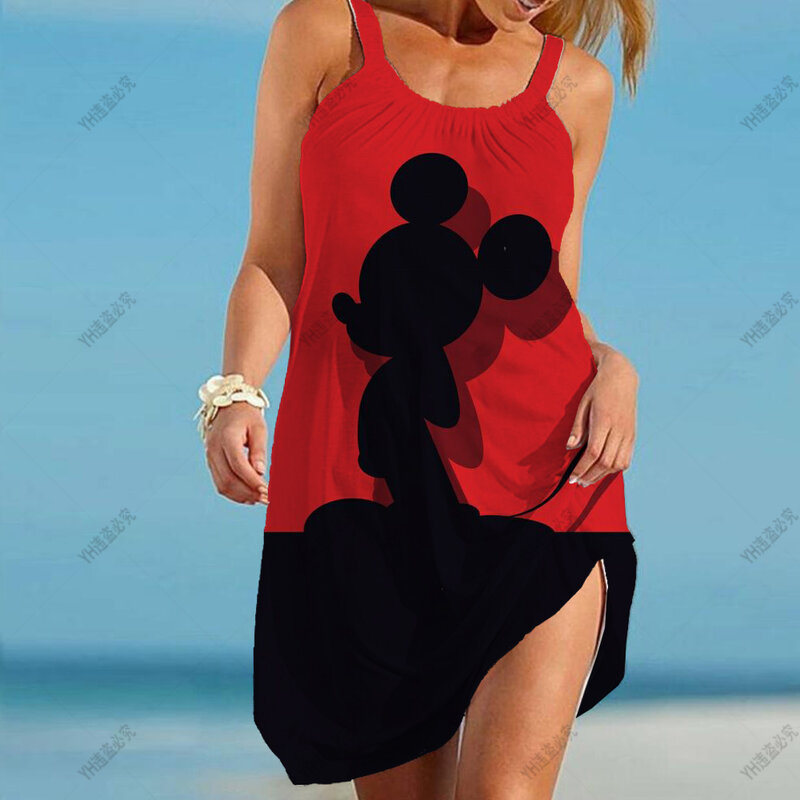 Women's Mini Sleeveless Loose Dress With Pocket Disney Mickey Mouse Print Causal Dress Vestidos Fashion T-shirt Dress Summer