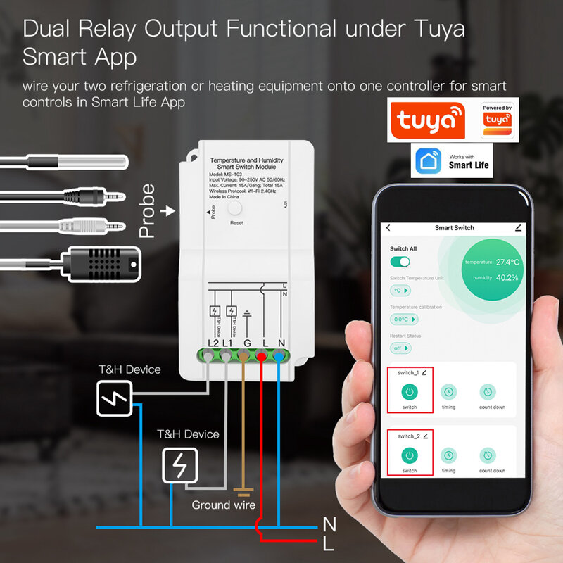 Tuya Smart Home WiFi Smart Temperature Moisture Switch Module Sensor Dual Relay Output Remote Control Bekerja dengan Alexa Google