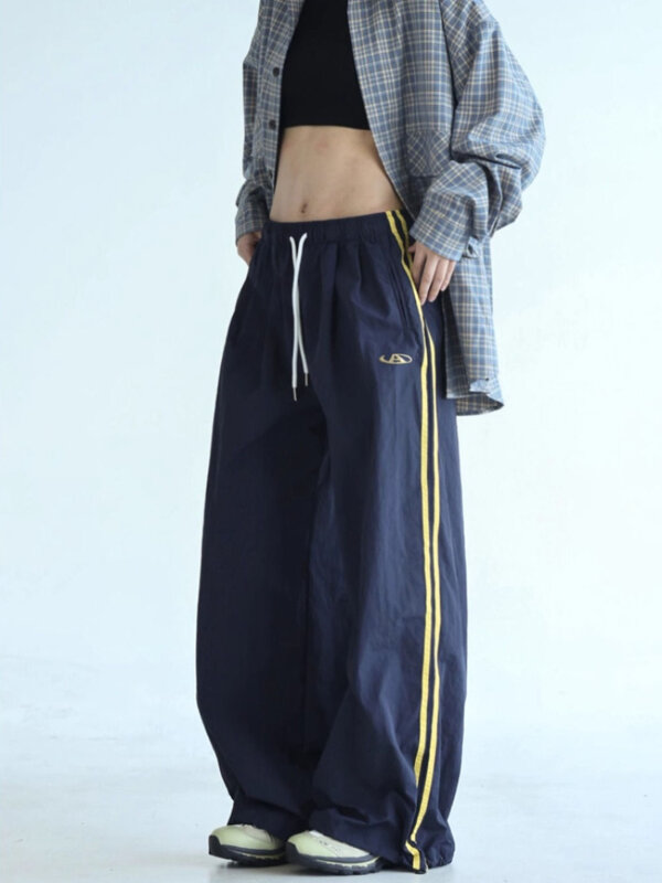 QWEEK-Calças listradas vintage para mulheres, Hip Hop, streetwear Harajuku, moletom folgado, perna larga de paraquedas, calças casuais, Y2K
