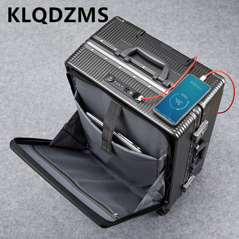 KLQDZMS Luggage Aluminum Frame 20 Inch Boarding Case Front Opening Trolley Case USB Charging Travel Bag 24"26 Cabin Travel Case